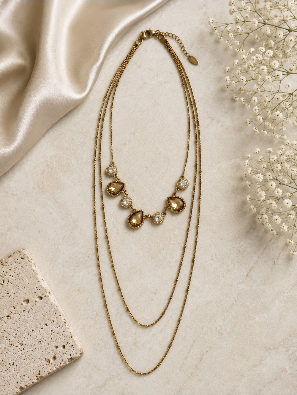 Gold Layered Teardrop and Crystal Pendant Necklace - Women Jewelry - Picture 2 of 5